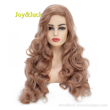 Long Rose Gold Color Natural Wavy Synthetic Wigs for Women or DIY Curly Wigs for Women Wave Hair Style